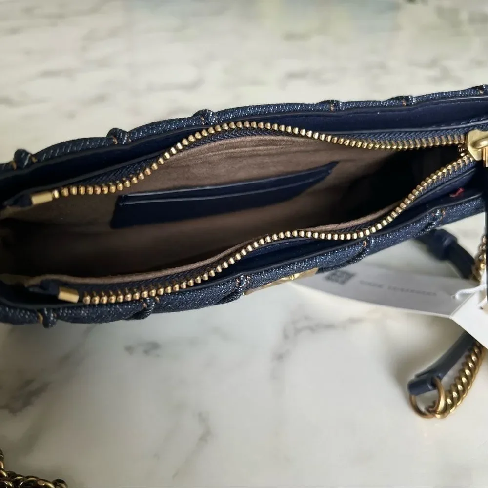 NWT Tory Burch Kira Denim Mini Quilted Crossbody Shoulder Bag Gold Navy Blue